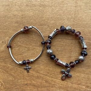 Silver & Purple Bead Cross Stretch Bracelet Set